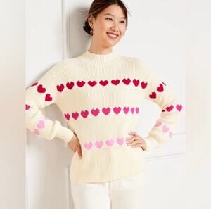 Talbots Shaker Knit, Mock Neck Sweater, Heart  Print, Large